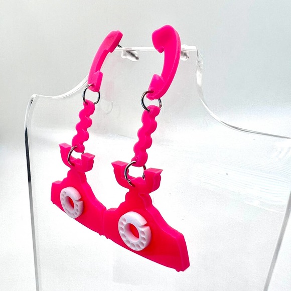 Telephone Earrings - Barbie Earrings - Retro Earrings - Pink Rotary Phone - Picture 5 of 8